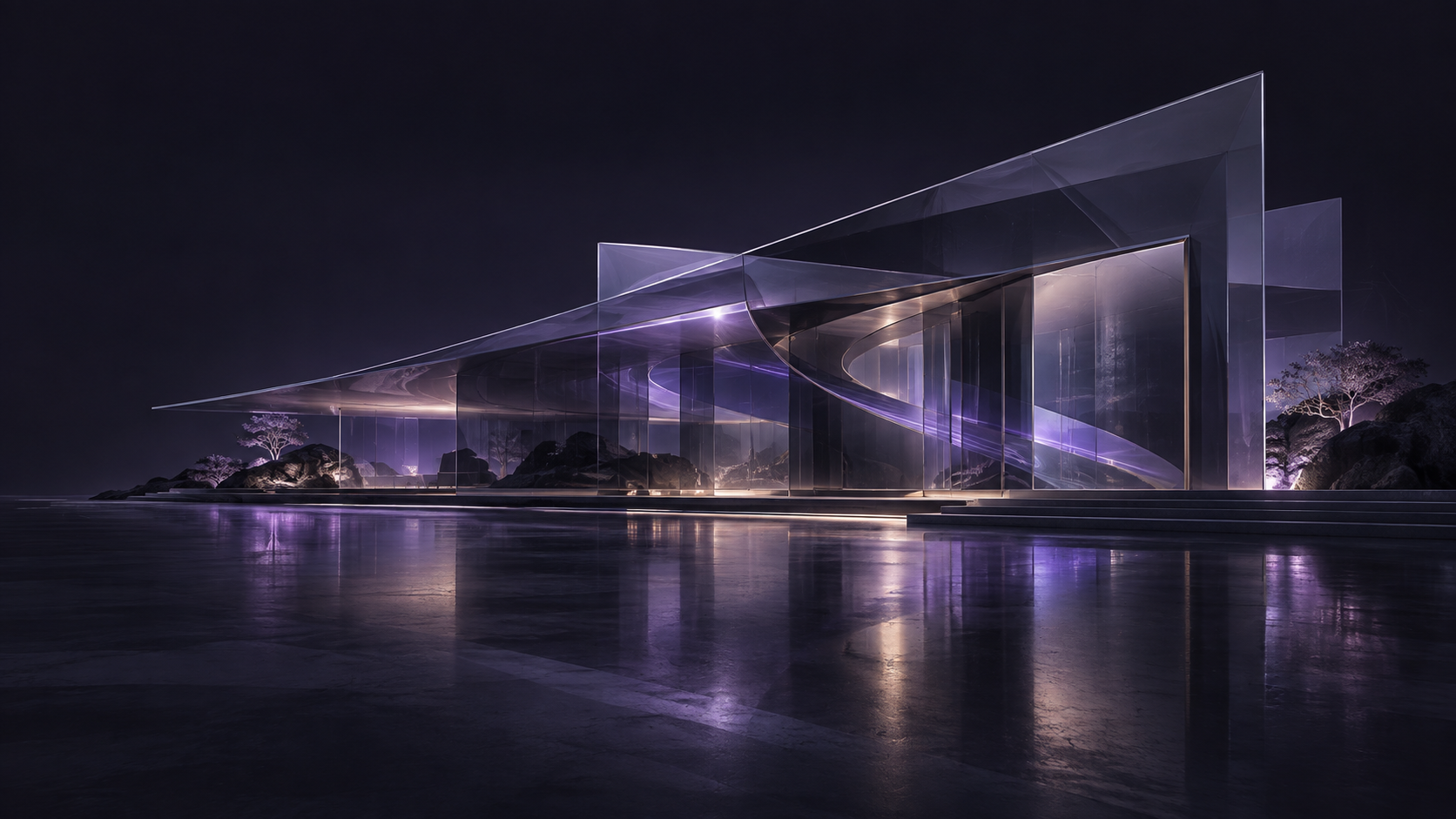 Conceptual glass research pavilion illuminated in violet.