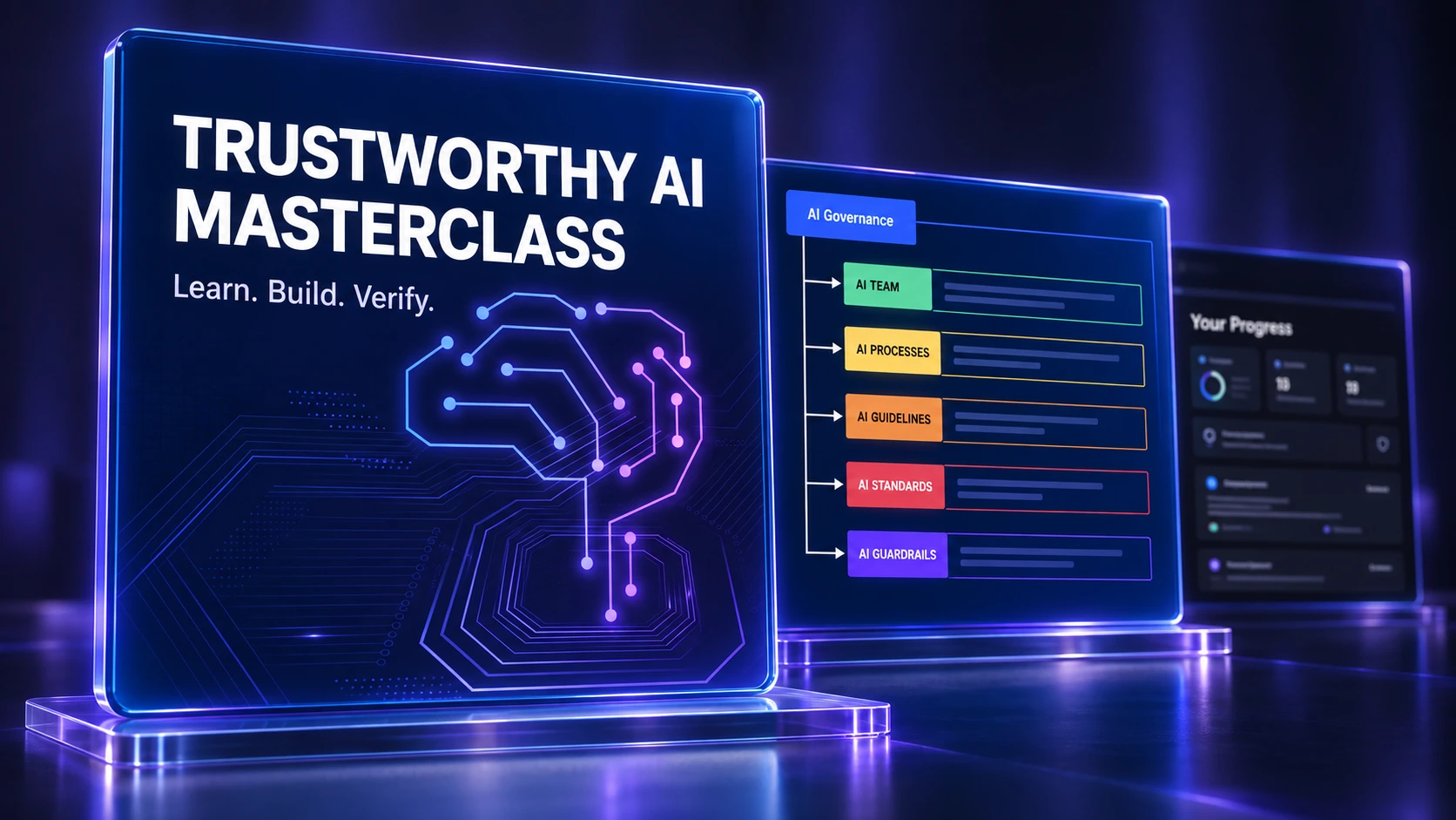 Glass panels presenting the Trustworthy AI Masterclass, a neural circuit motif and connected governance and learning materials.