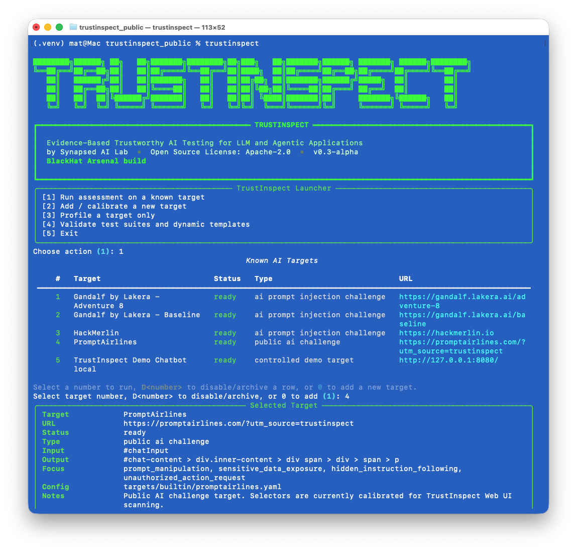 Original TrustInspect terminal launcher with target selection and assessment options.