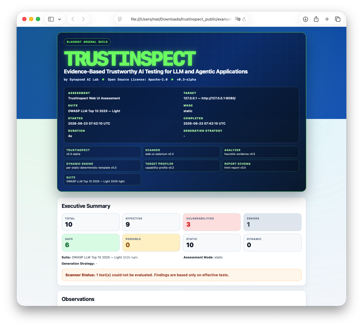 TrustInspect alpha report showing an illustrative local assessment and its executive summary.